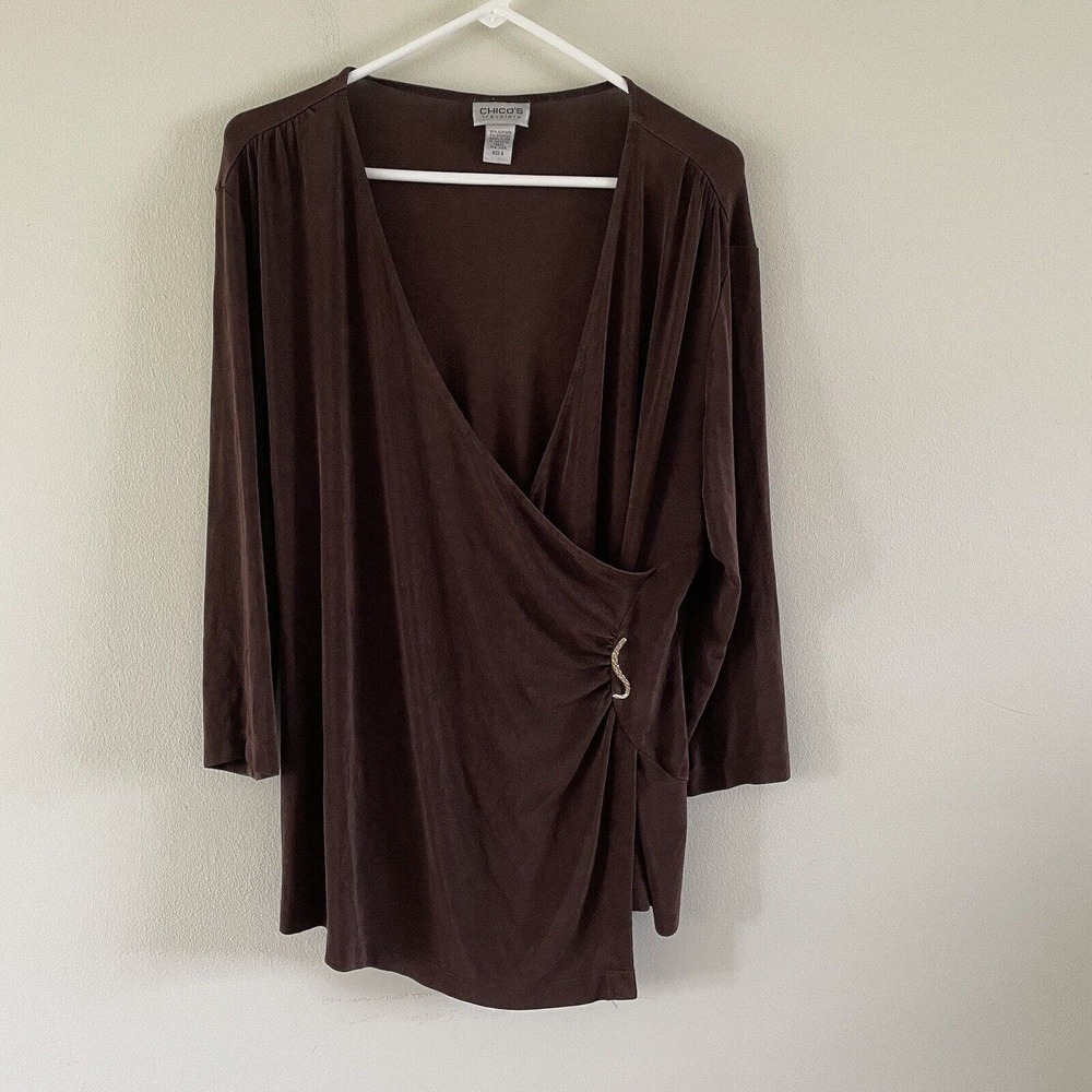 Chicos Travelers Top Womens Size XL 3 Brown Slinky Faux Wrap Stretch‎ USA Made